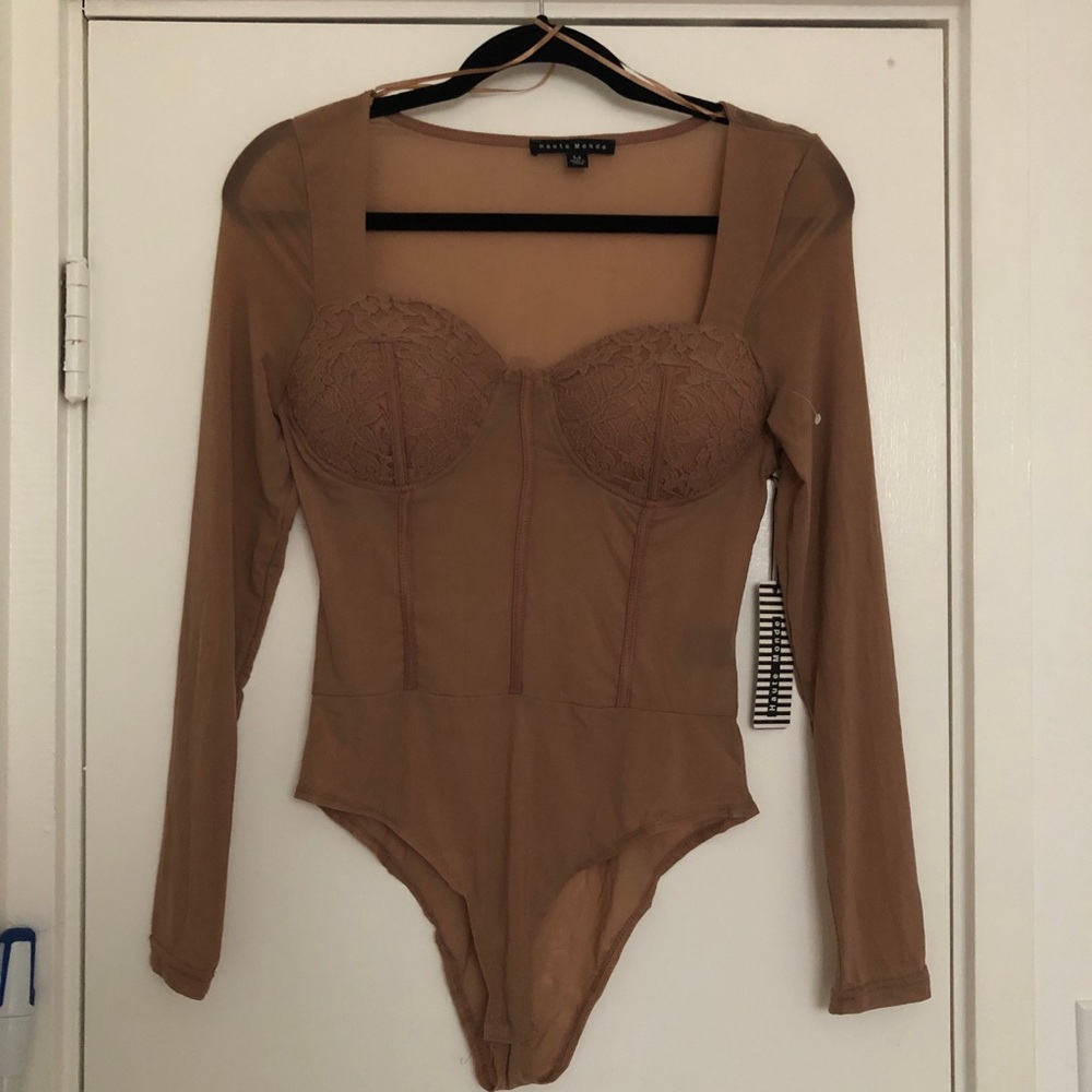 Nude Tan Bodysuit Sheer With Corset Style Bodice by Haute Monde Size Medium - Picture 2 of 9